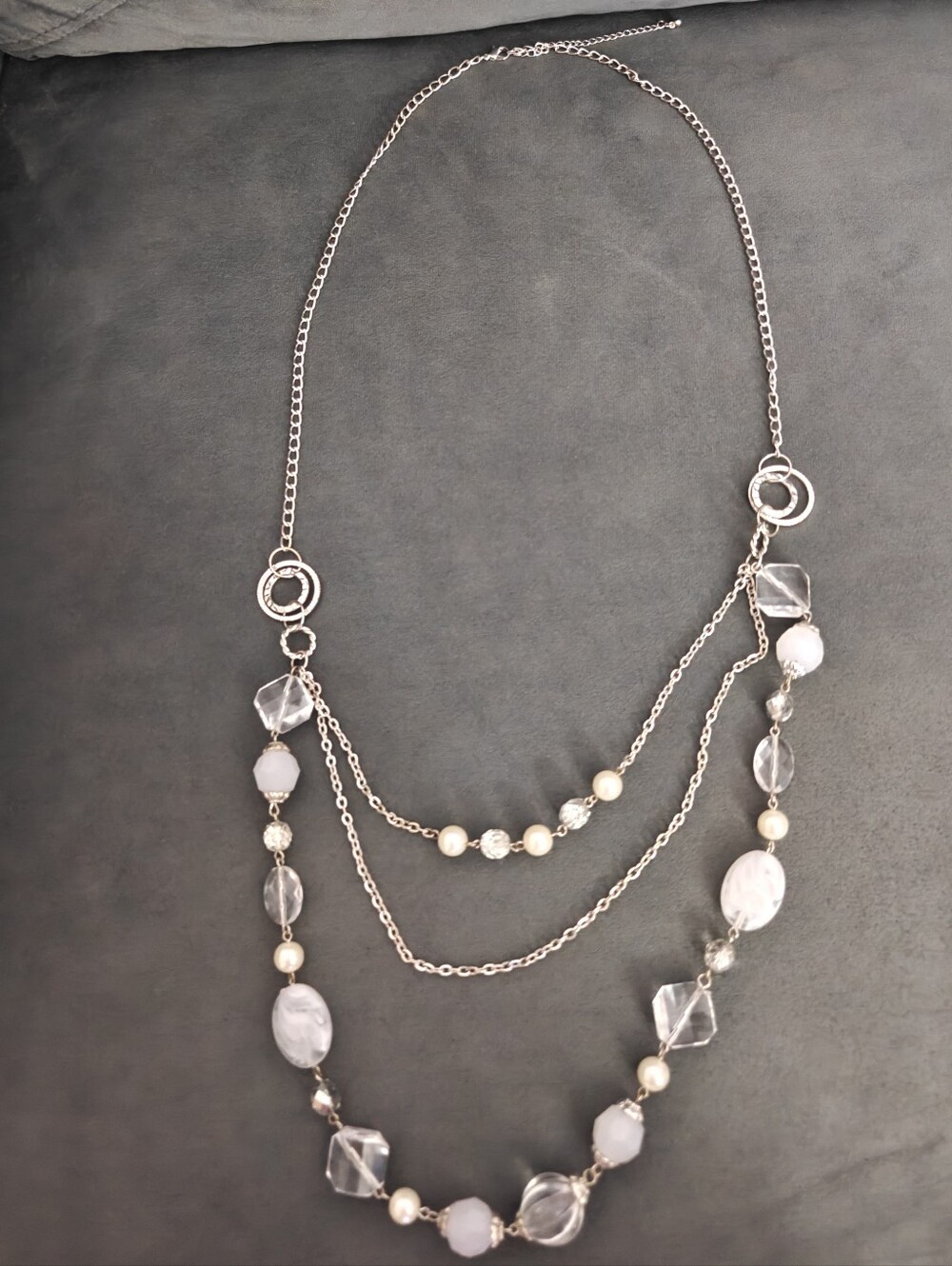 Multi-Strand Silver Statement Necklace Pearl Faceted Clear White Beaded Layered